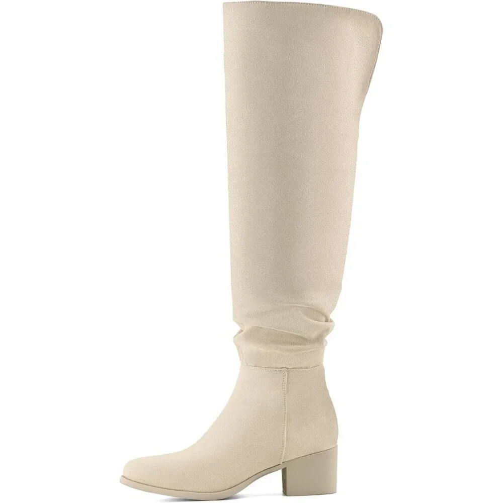 Women's Beige Suede Over The Knee Thigh High Chunky Block Heel Pointed Toe Boots